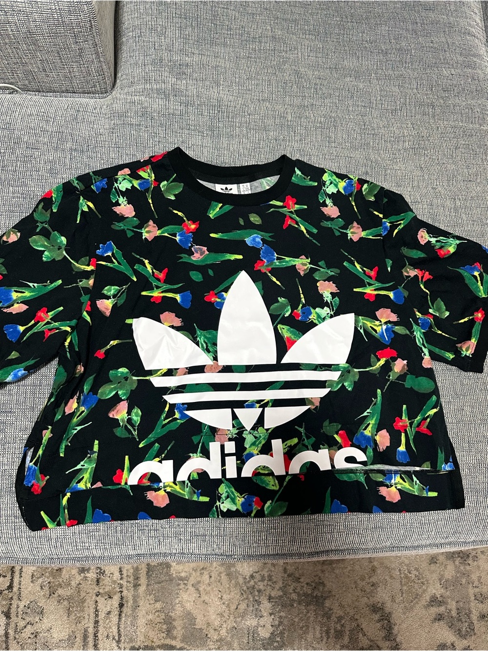 Adidas Black Floral Cropped Tee